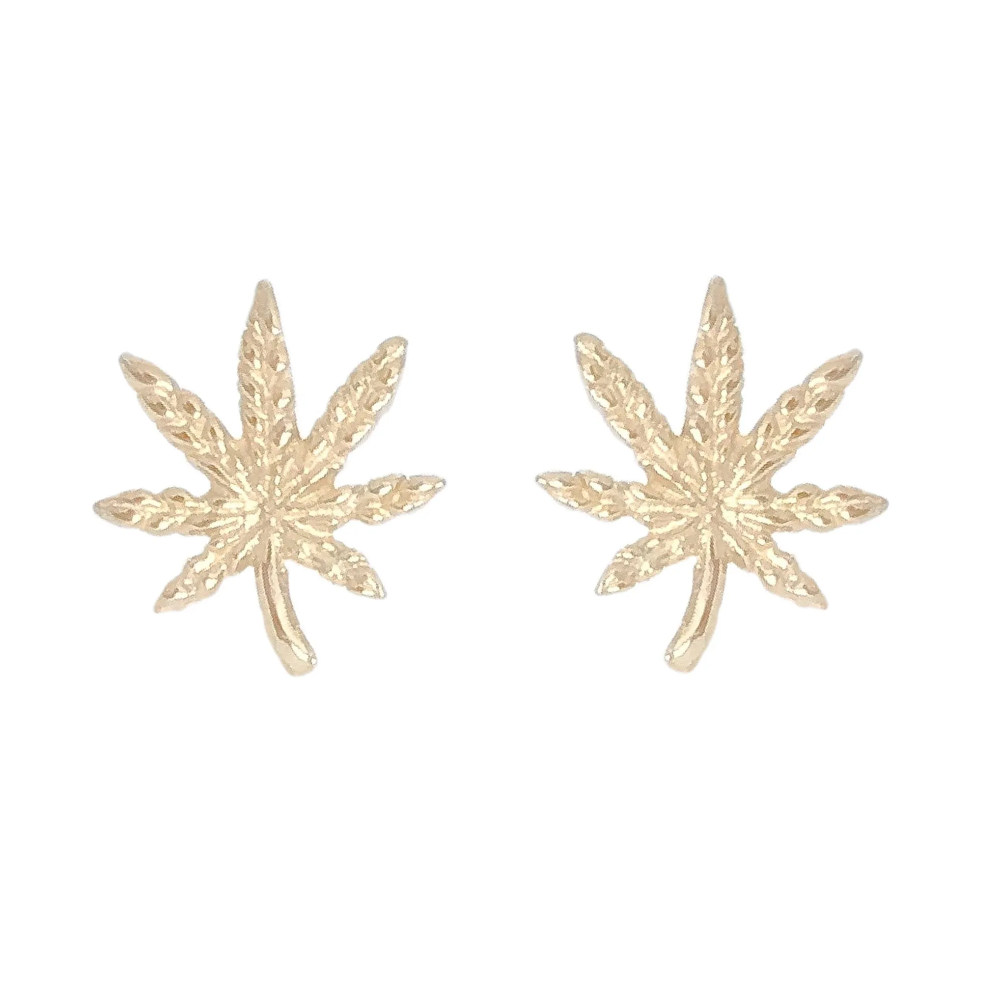 14K Gold Marijuana Leaf Stud Earrings, Medium Size