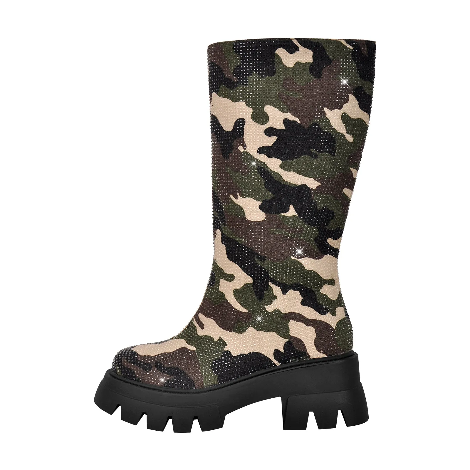 Camouflage Rhinestone Chunky Heel Mid Calf Boots