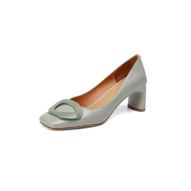 Full GrainLeather Square Toe High Heels Candy Colors