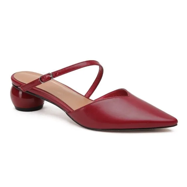 genuine leather sweet shallow buckle strap strange style med heel women sandals pointed toe party brand summer shoes