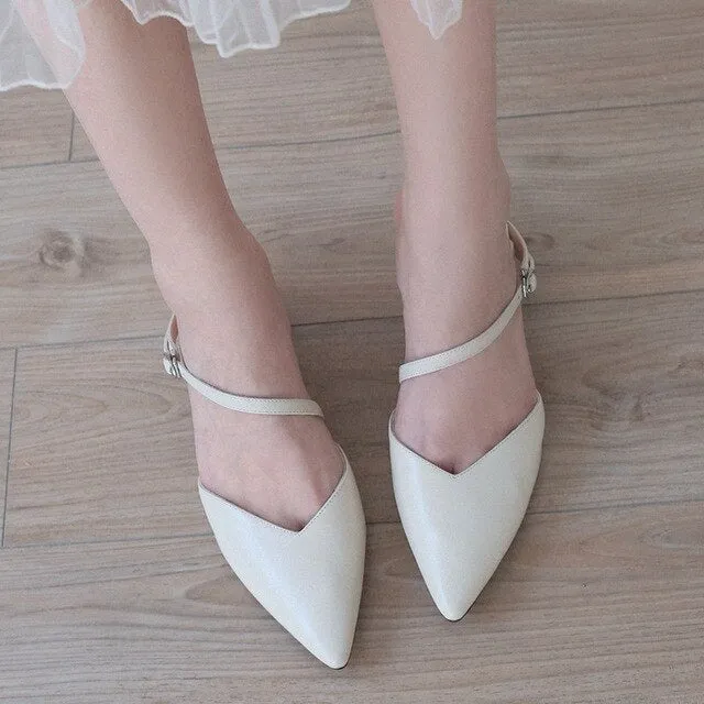 genuine leather sweet shallow buckle strap strange style med heel women sandals pointed toe party brand summer shoes