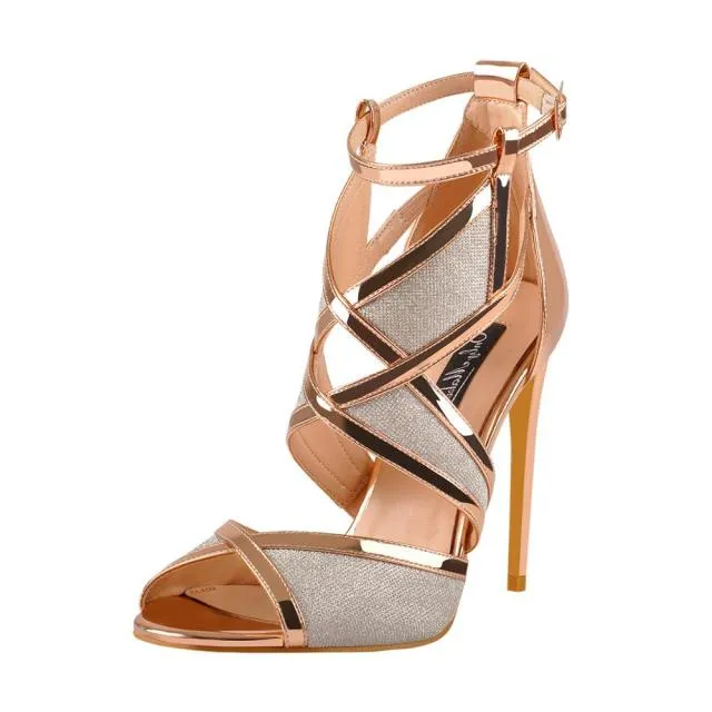 High Heel Sandals Ankle Strap Peep Toe Stiletto Gold Glitter Sandals