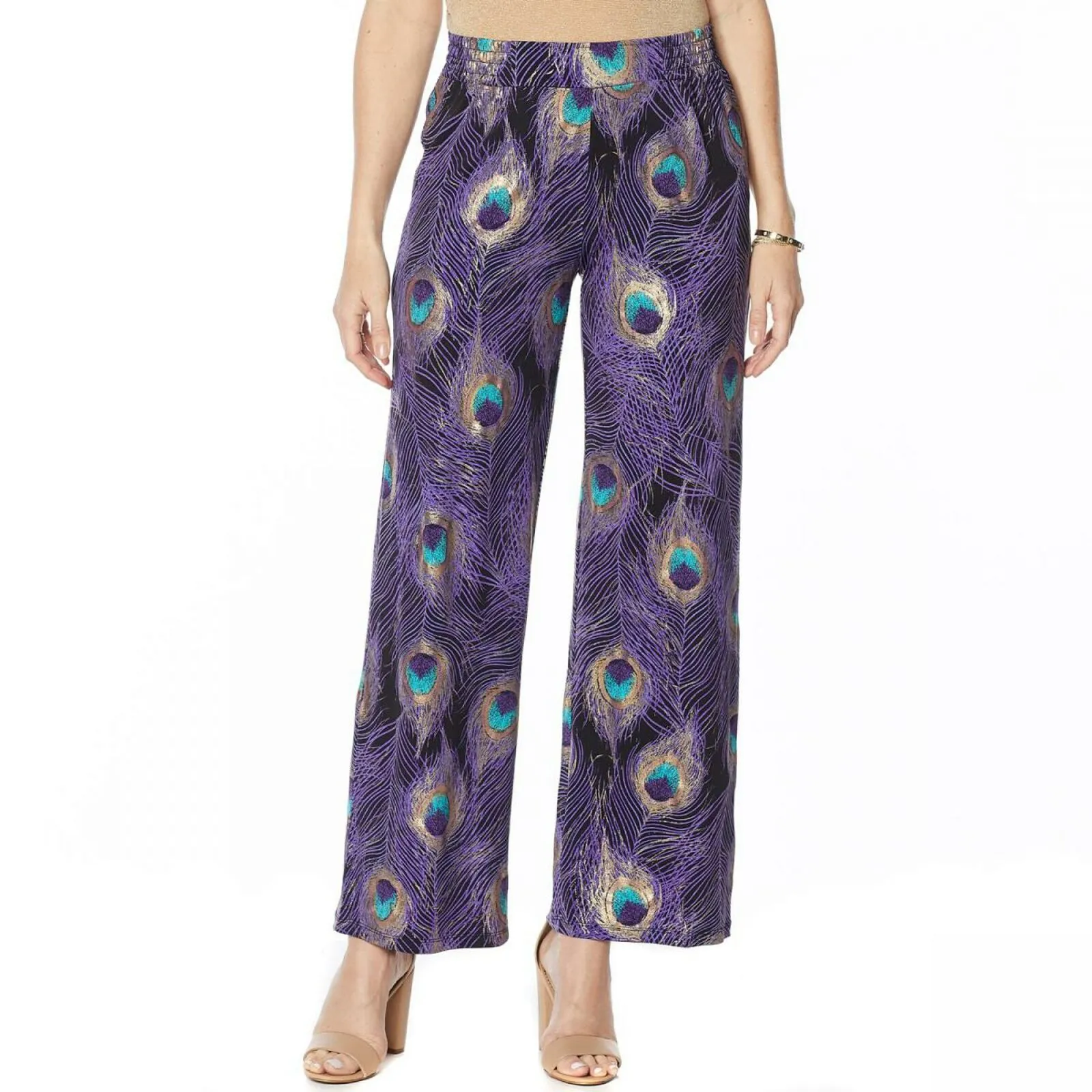 IMAN Women's Global Chic Luxury Resort Peacock Print Palazzo Pants