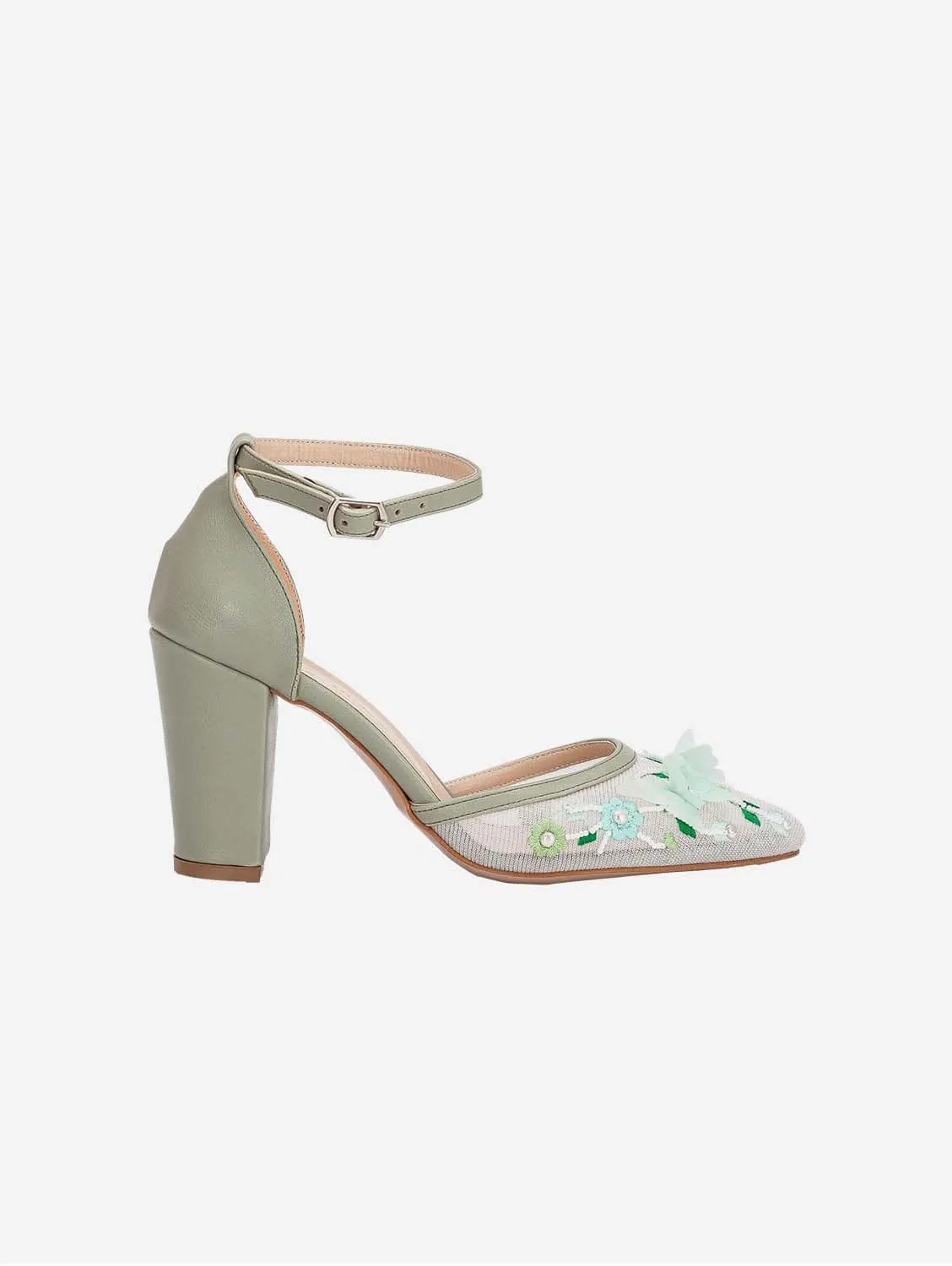 Ivy 3D Floral Lace Vegan Block Heels | Sage