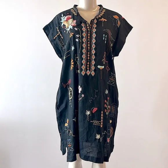 Johnny Was Lemona Dress Floral Embroidery Linen Black Button Front Flowers New