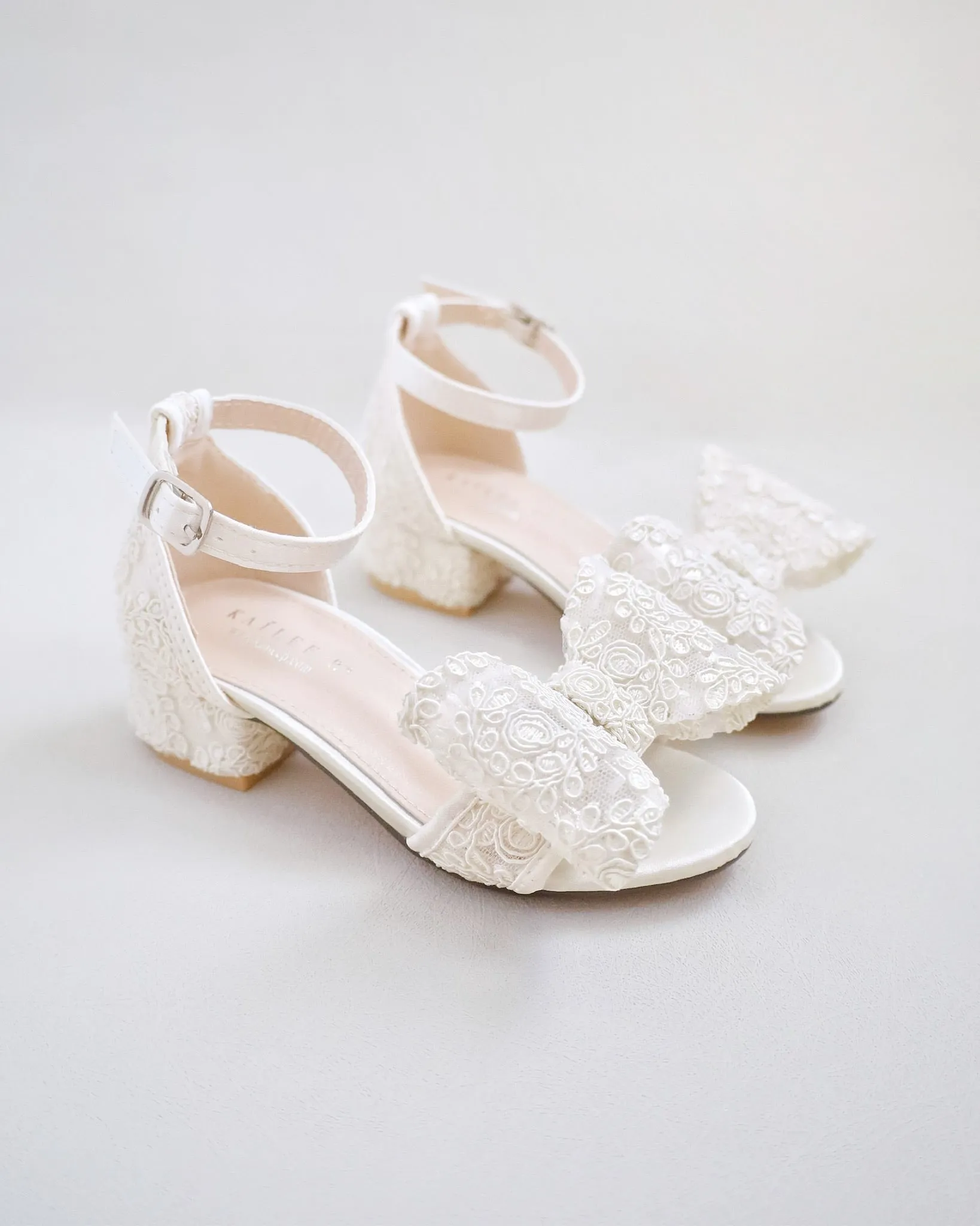 Lace Low Block Heel Girls Sandals with Oversized Crochet Lace Bow