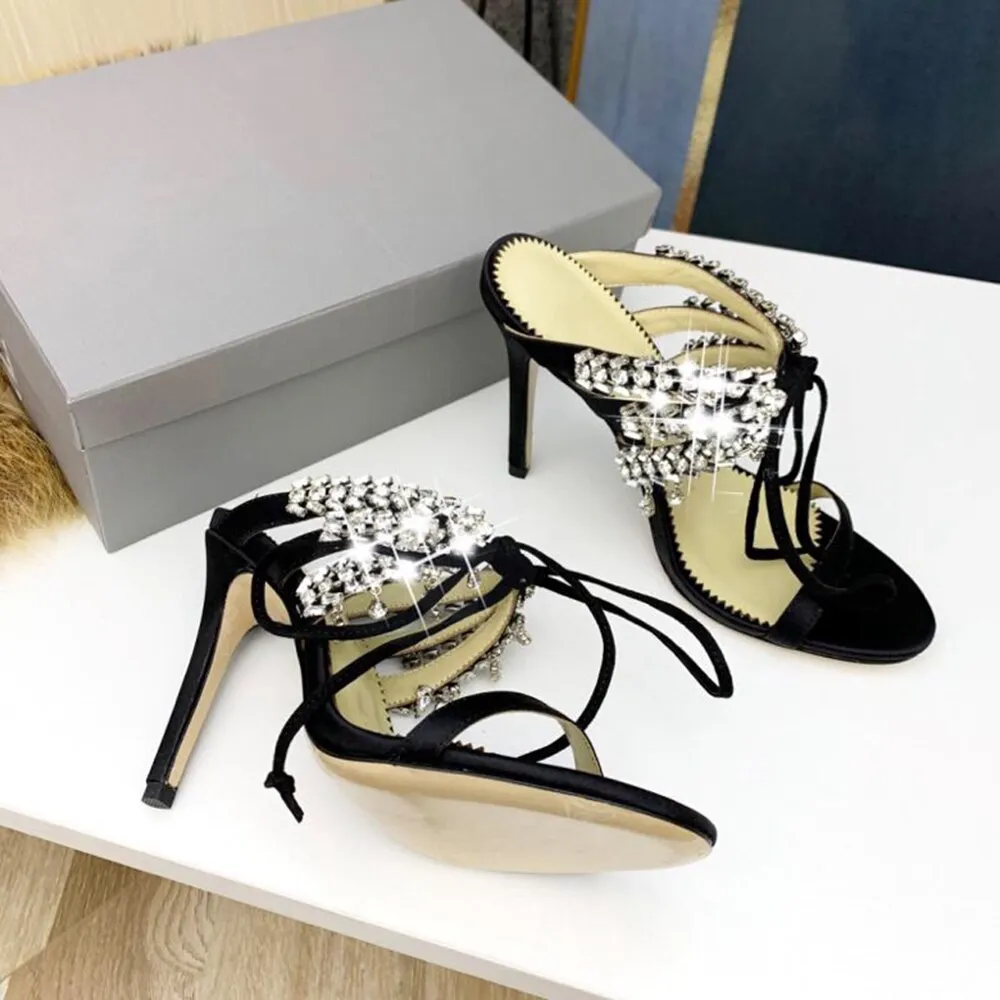 Luxury Design Women's Shoes Fashion Genuine Leather High Heels Pumps Crystal Straps Sandals For Woman Thin Heels Sandals Shoes