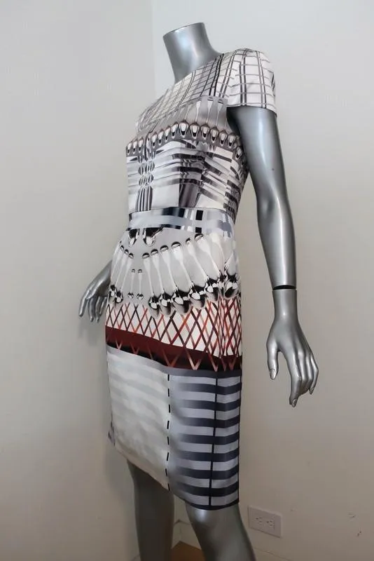Mary Katrantzou Dress White/Gray Spoon Print Satin Size UK 12 Cap Sleeve Sheath