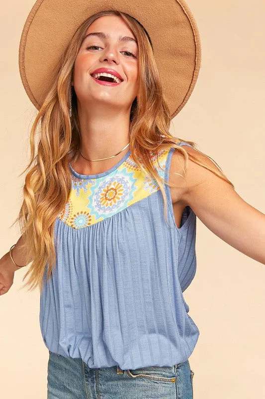 Medallion Color Block Wide Rib Knit Tank Top