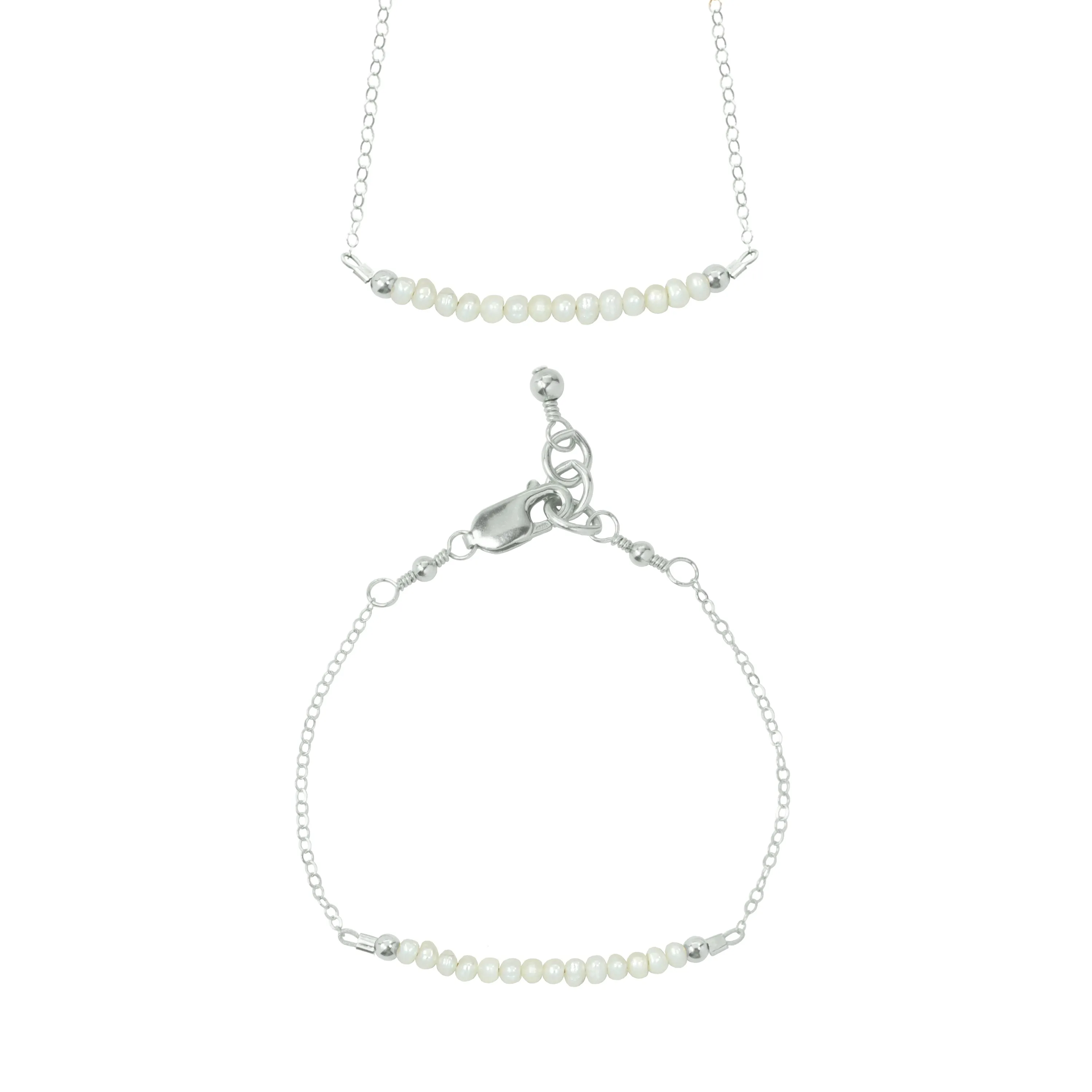 Mini Freshwater Pearl Choker Necklace   Chain Bracelet Set (2MM beads)