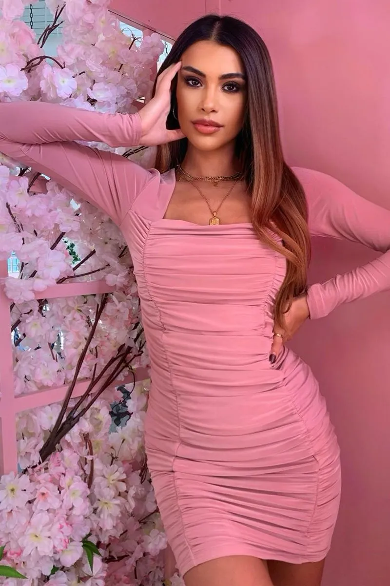 Pink Square Neck Ruched Mini Bodycon Dress - Alia