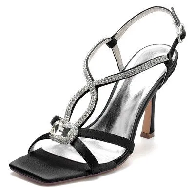 Rhinestone square toe stiletto high-heeled silk sandals