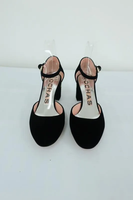 Rochas Mary Jane Pumps Black Floral-Embroidered Velvet Size 38 Ankle Strap Heel