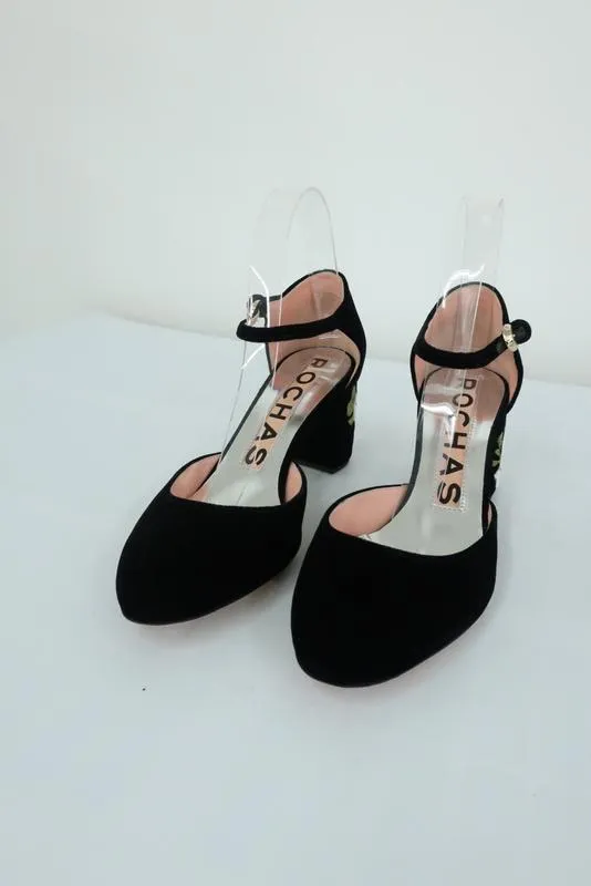 Rochas Mary Jane Pumps Black Floral-Embroidered Velvet Size 38 Ankle Strap Heel