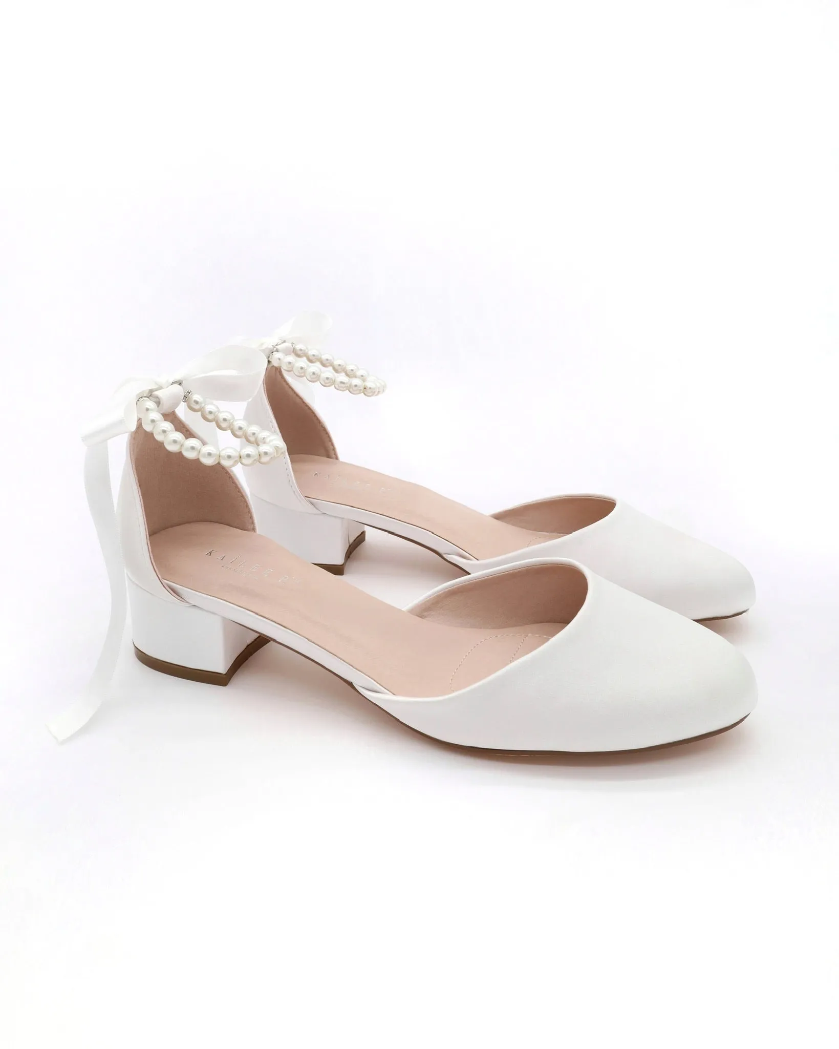 Round Toe Satin Block Heel with All Pearls Ankle Strap