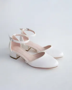 Round Toe Satin Block Heel with Mini Pearls