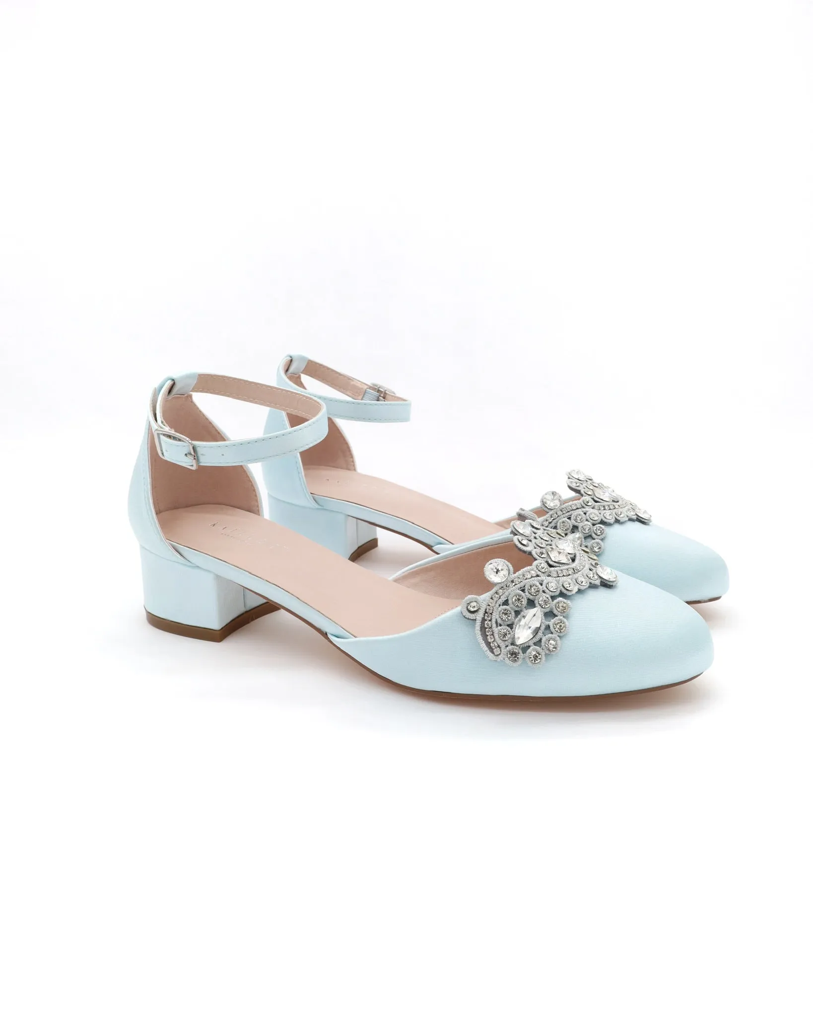 Round Toe Satin Block Heel with Small Rhinestones Applique