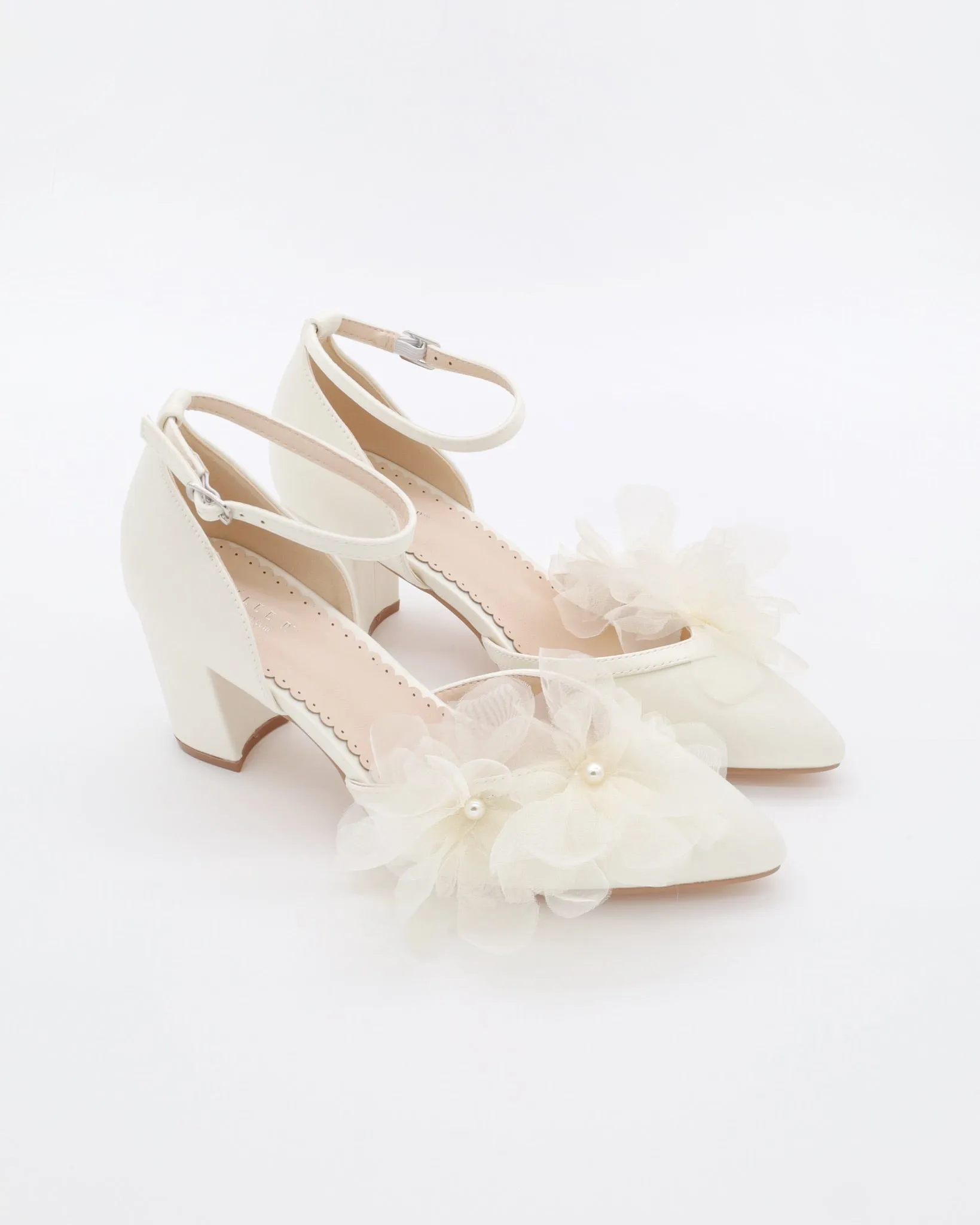 Satin Almond Toe Block Heels Wedding Shoes with Ophelia Flowers