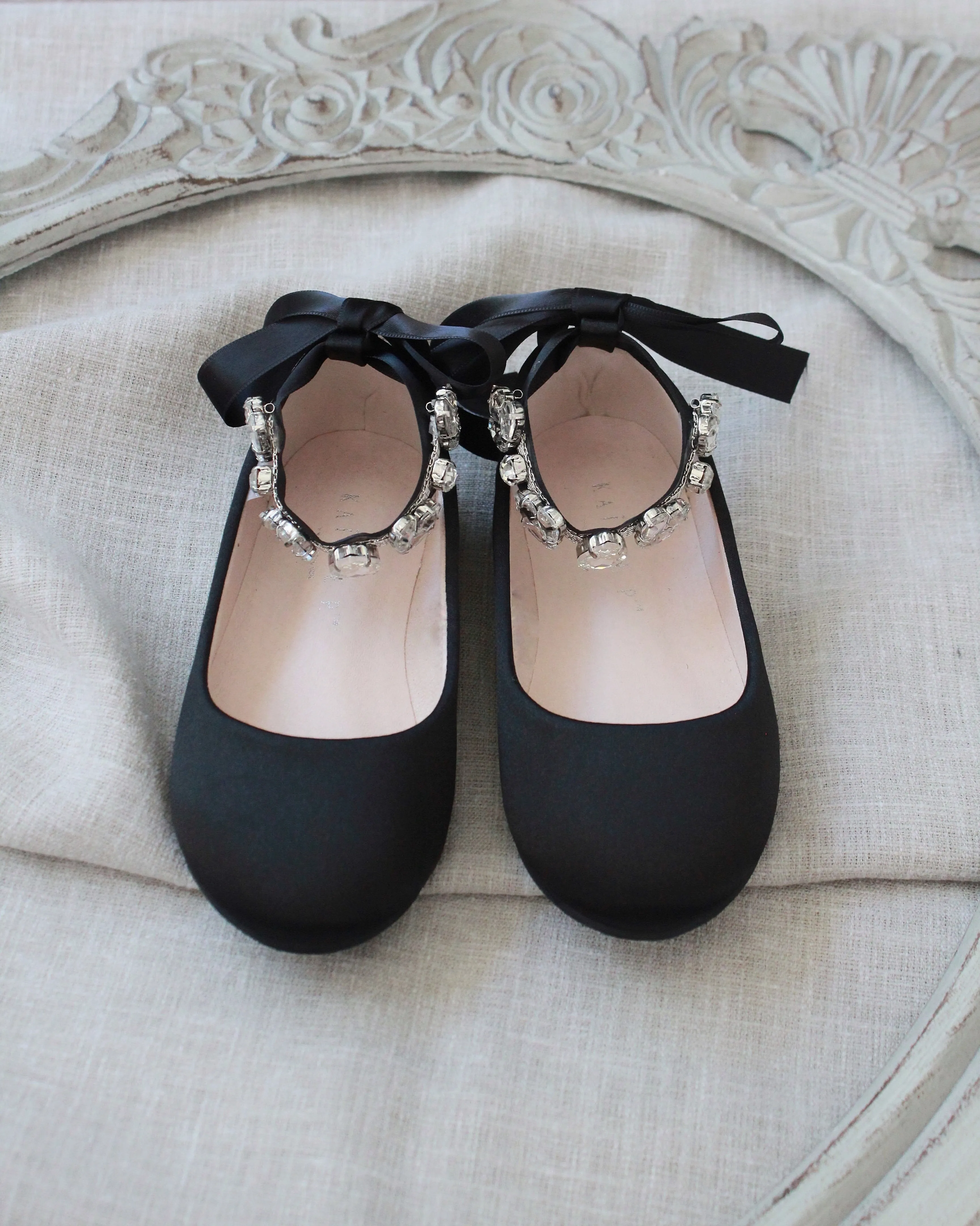 Satin Ballet Flats with Navette Cluster Rhinestones