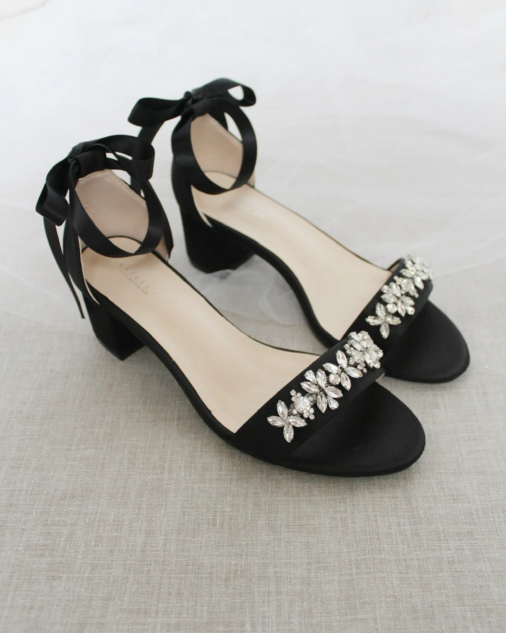 Satin Block Heel Sandals with Floral Rhinestones