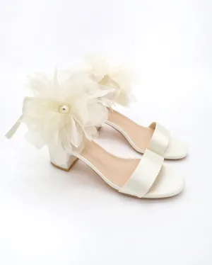 Satin Block Heel Wedding Sandals with Ophelia Flowers