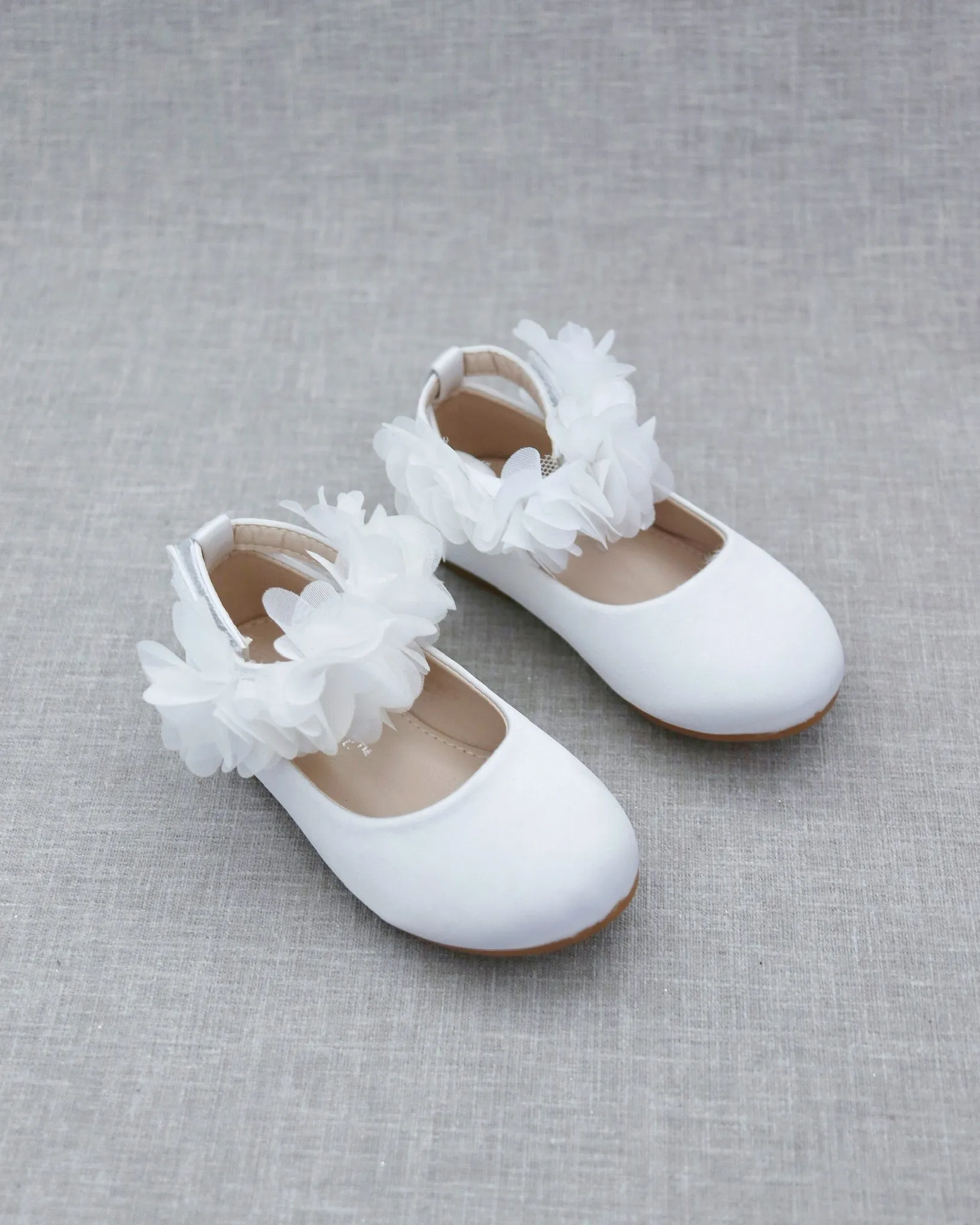 Satin Flats with Chiffon Flowers Ankle Strap
