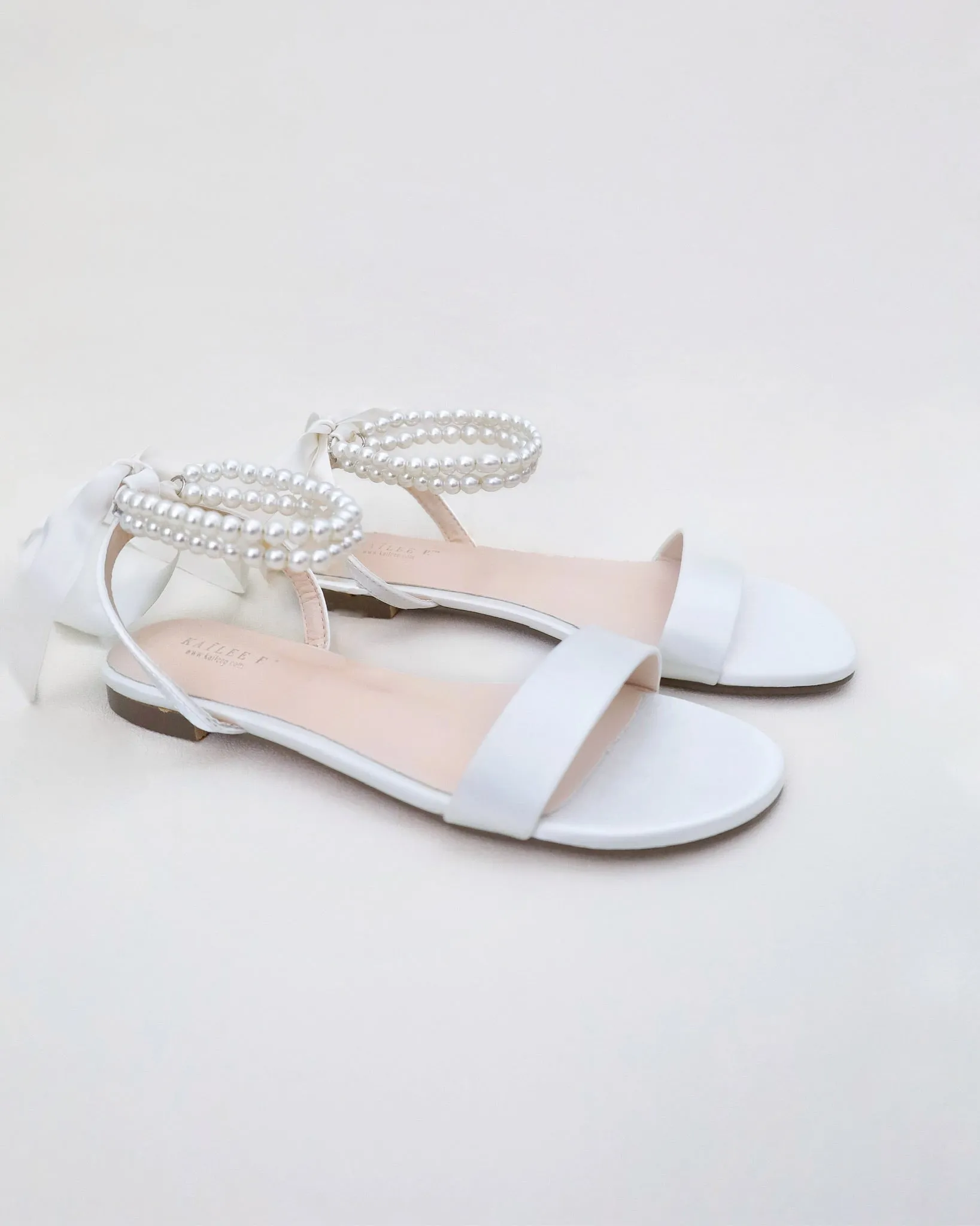 Satin Wedding Flat Sandal with Double Pearls Strap