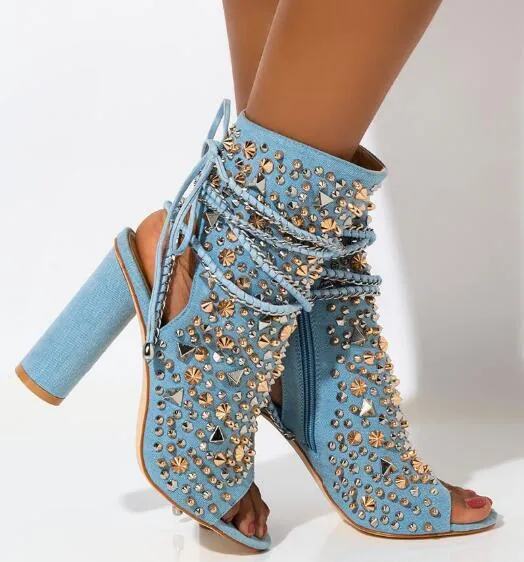 Summer Light Blue Jeans Rivets Slingback Short Boots Woman Chunky Heels Peep Toe Spikes Lace Up Booties Ankle Boots