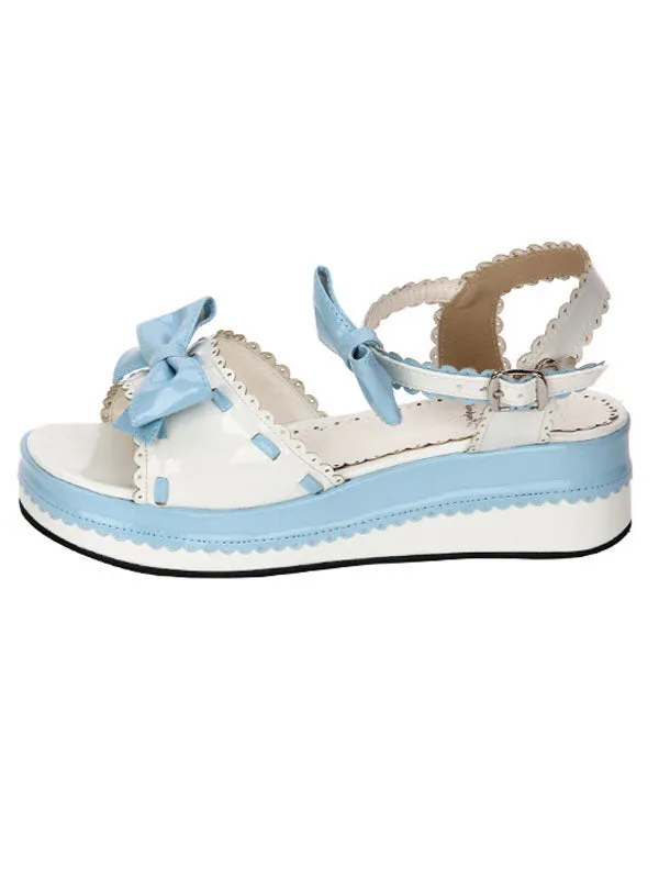 Sweet Lolita Shoes Open Toe Wedge Heel Bows PU Flat Blue Lolita Sandals