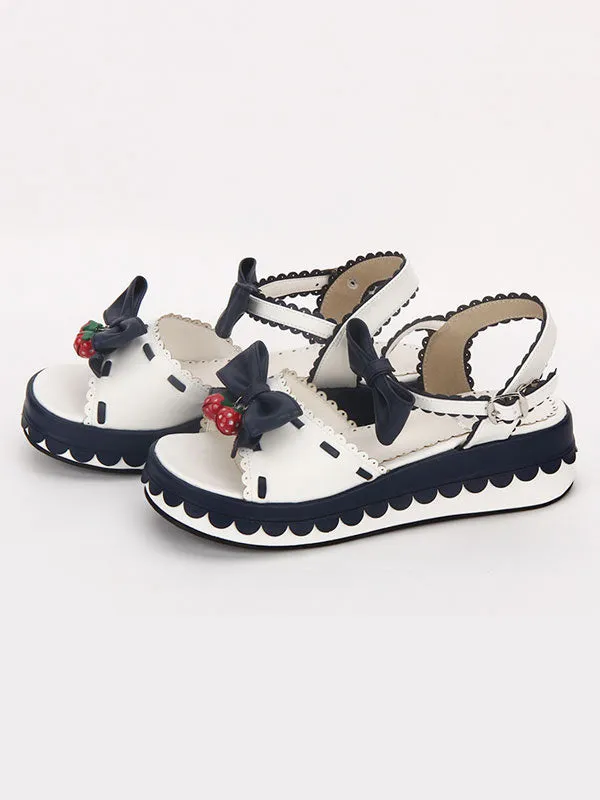 Sweet Lolita Shoes Open Toe Wedge Heel Bows PU Flat Blue Lolita Sandals