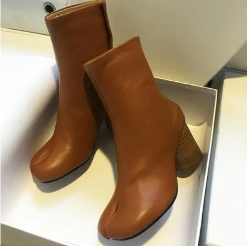 Tabi Split-toe Women Boots cream-colored Leather Buckle Chunky Block Heels Booties Botas Feminina Shoes Woman