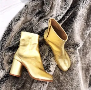 Tabi Split-toe Women Boots cream-colored Leather Buckle Chunky Block Heels Booties Botas Feminina Shoes Woman