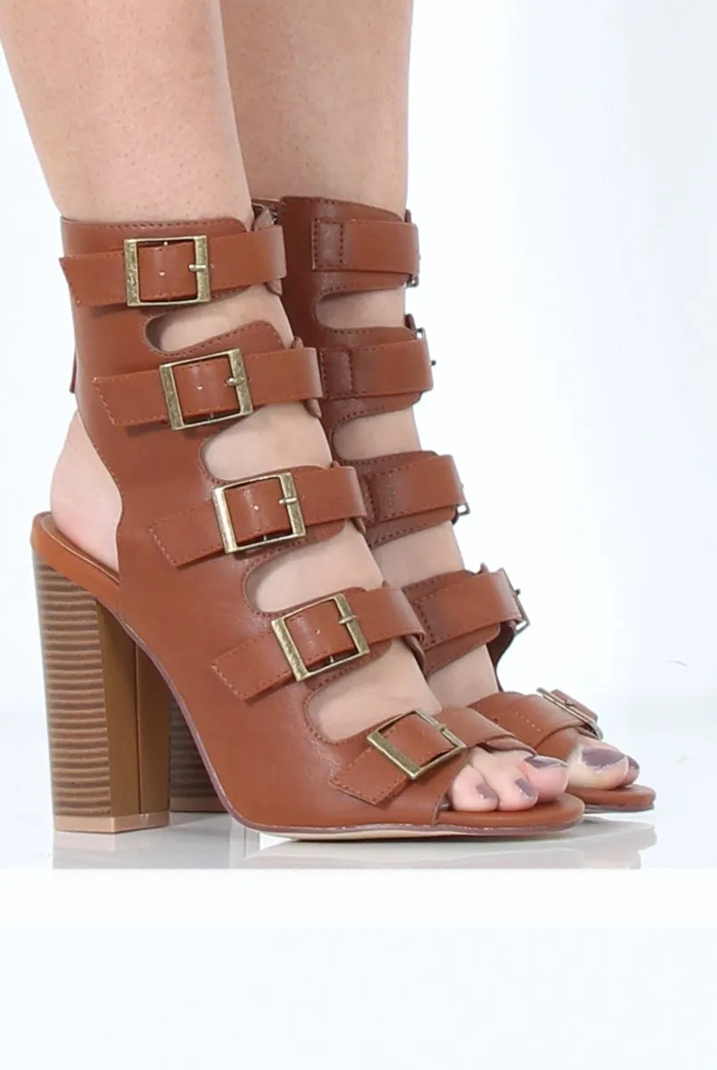 Tan Multi Buckle Block Heel - Claire