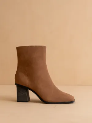 The Vera | Brown Square toe ankle boot with funky architectural heel
