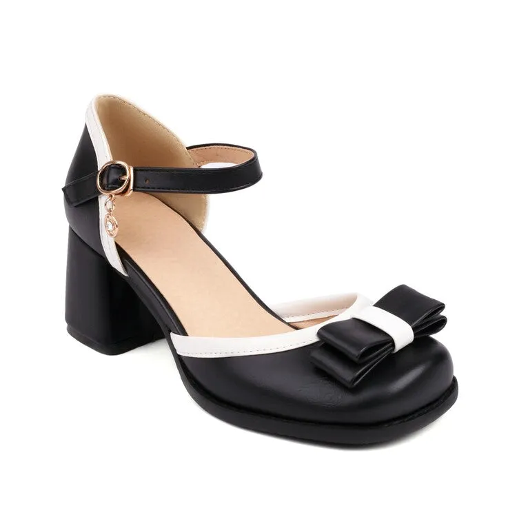 Women's Candy Color Square Toe Bow Tie Block Chunky Heel Platform Sandals
