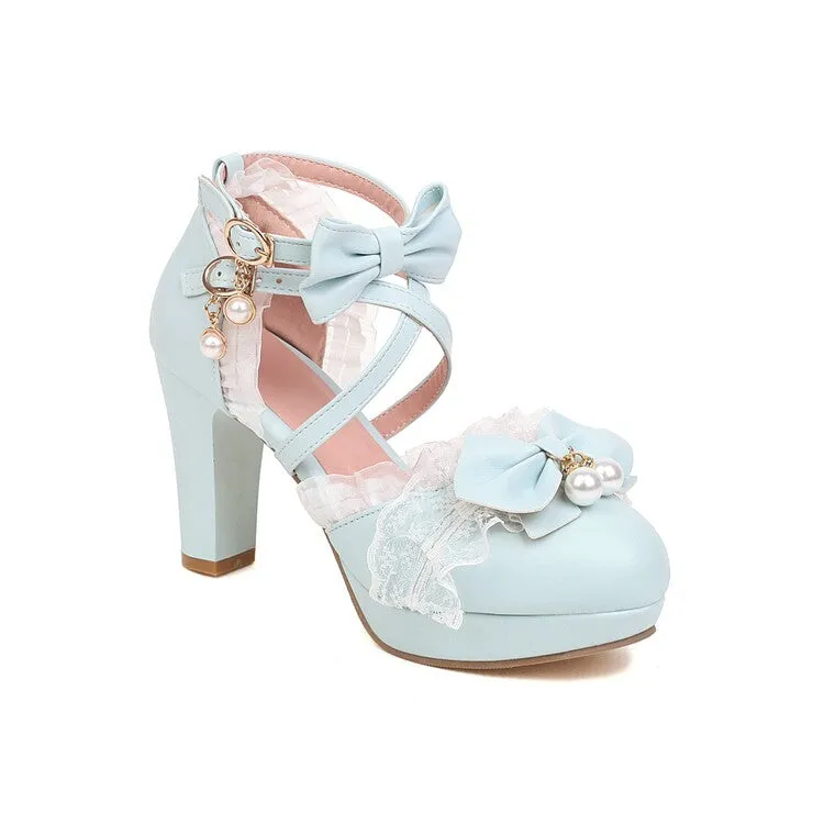 Women's Lolita Pearls Lace Butterfly Knot Chunky Heel Platform Sandals