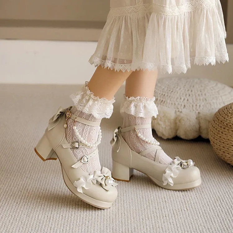 Women's Pearl Chunky Heel Pumps Mary Janes Shoes with Bowtie