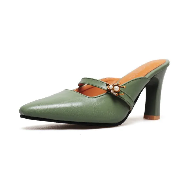 Women's Pointed Toe Pearls Chunky Heel Slides Slip On Sandals