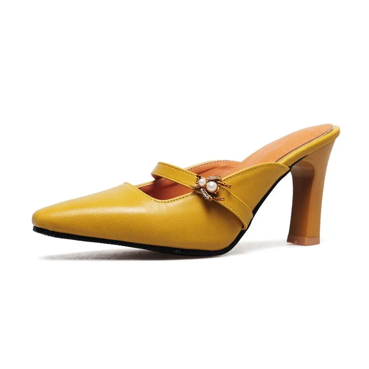 Women's Pointed Toe Pearls Chunky Heel Slides Slip On Sandals