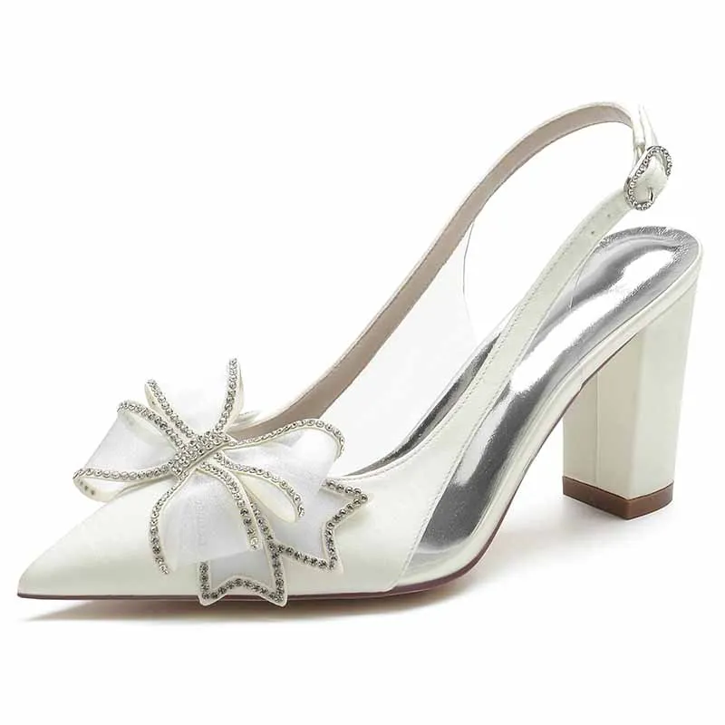 Women's Satin Stiletto High Heeled Sandals With Bow Chunky Heels