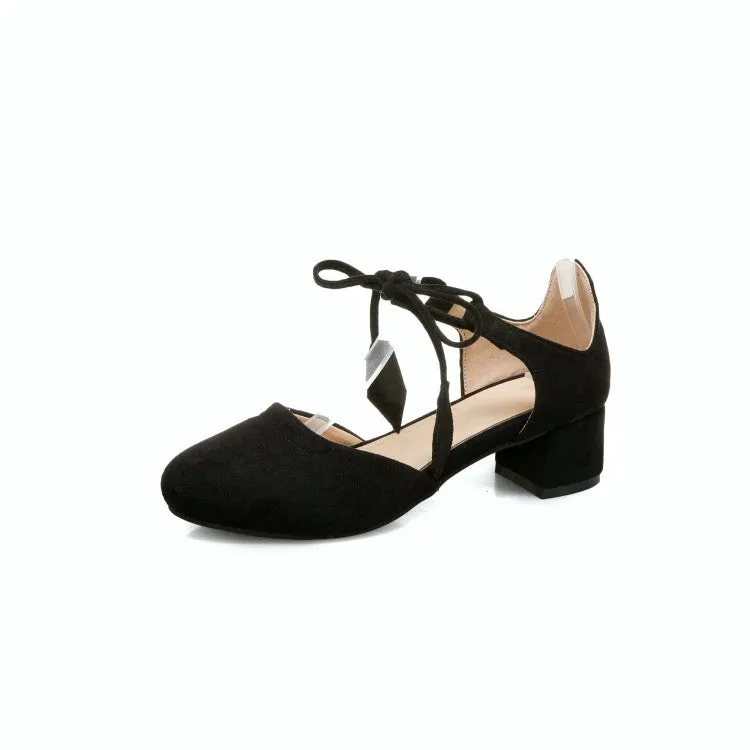Women's Solid Color Suede Round Toe Tied Strap Block Heel Sandals