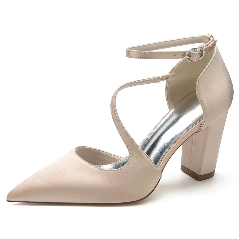 Women's Strappy Chunky Heels Closed Pointed Toe Satin Pump Heel Prom Sandals