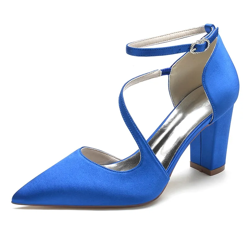 Women's Strappy Chunky Heels Closed Pointed Toe Satin Pump Heel Prom Sandals