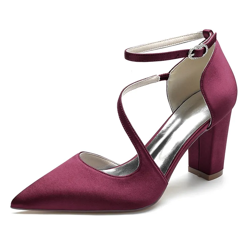 Women's Strappy Chunky Heels Closed Pointed Toe Satin Pump Heel Prom Sandals