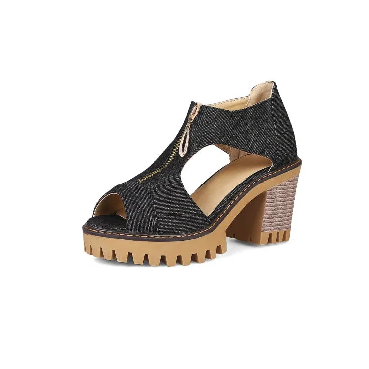 Women's's Denim Zipper Chunky Heel Platform Sandals
