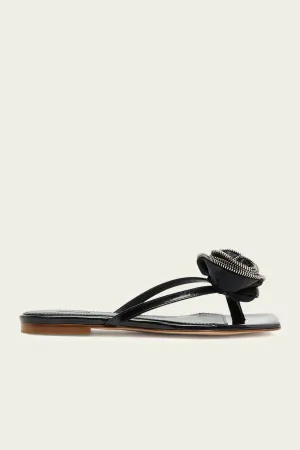Zip Flower Slanted Flip-Flop in Black